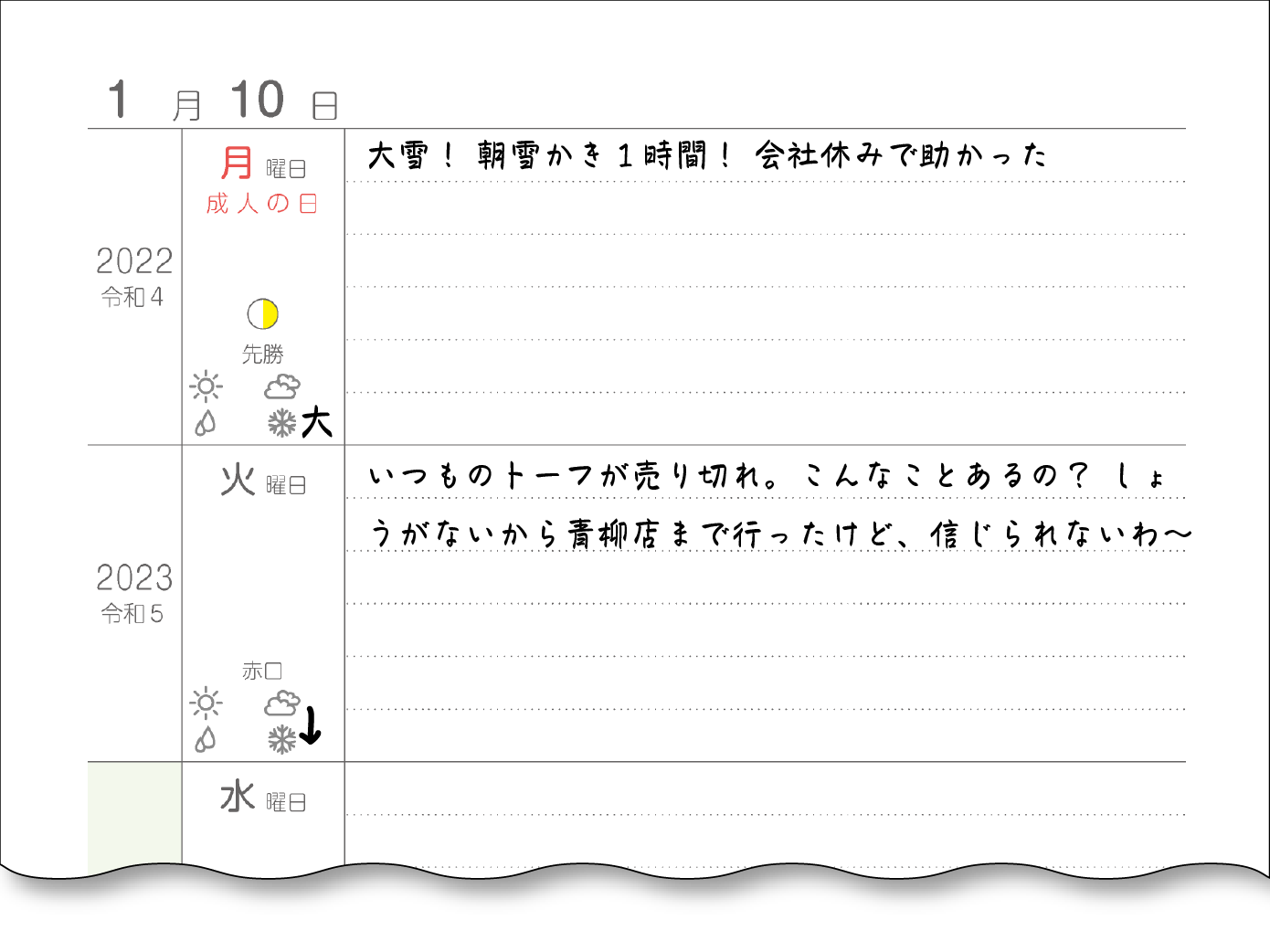 ５年日記Ａタイプの書き込み例 画像